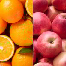 Oranges à feuilles et pommes Cripps pink