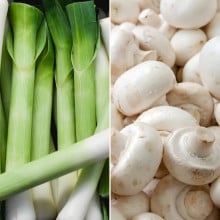Poireaux coupés et champignons blancs
