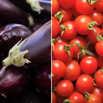 Aubergine et tomates cerises rouges Aubergine et tomates cerises rouges