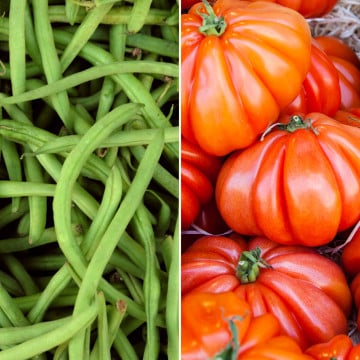 Haricots verts et tomates anciennes cœur de bœuf