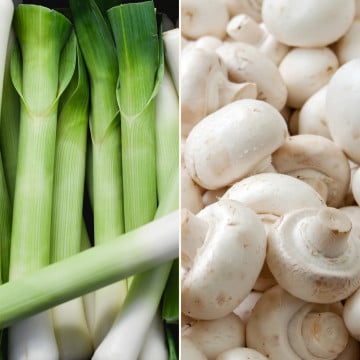 Poireaux coupés et champignons blancs