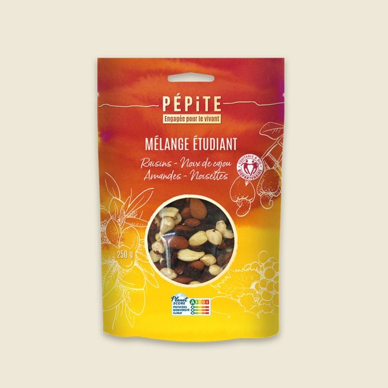 Mélange de fruits secs l'étudiant - Noix de cajou, amandes, noisettes grillées et raisins bio